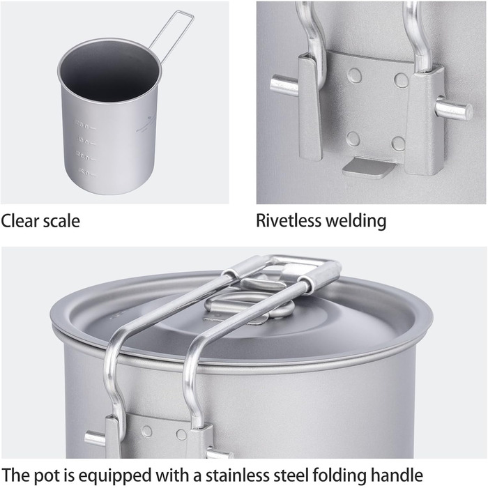 Титанковий казанок iBasingo 900мл з кришкою - казанок для кемпінгу, приготування їжі на відкритому повітрі, подорожей та пікніків
