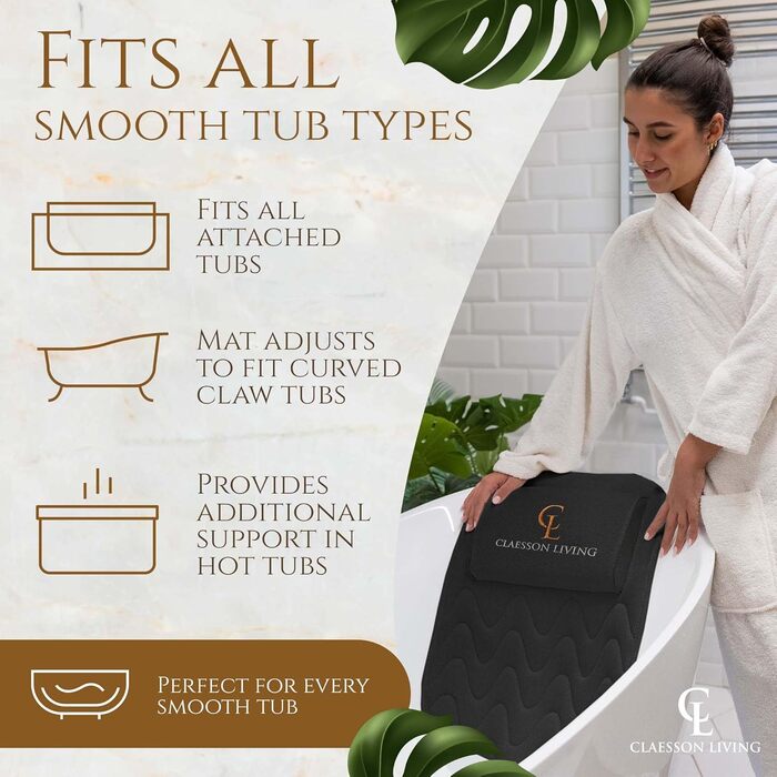 Подушка для ванни повного тіла 125x43 см - килимок для ванни з підголовником для підтримки шиї, спини та ніг - з мішком для прання та подорожей та гачком для швидкого сушіння - (Чорний)