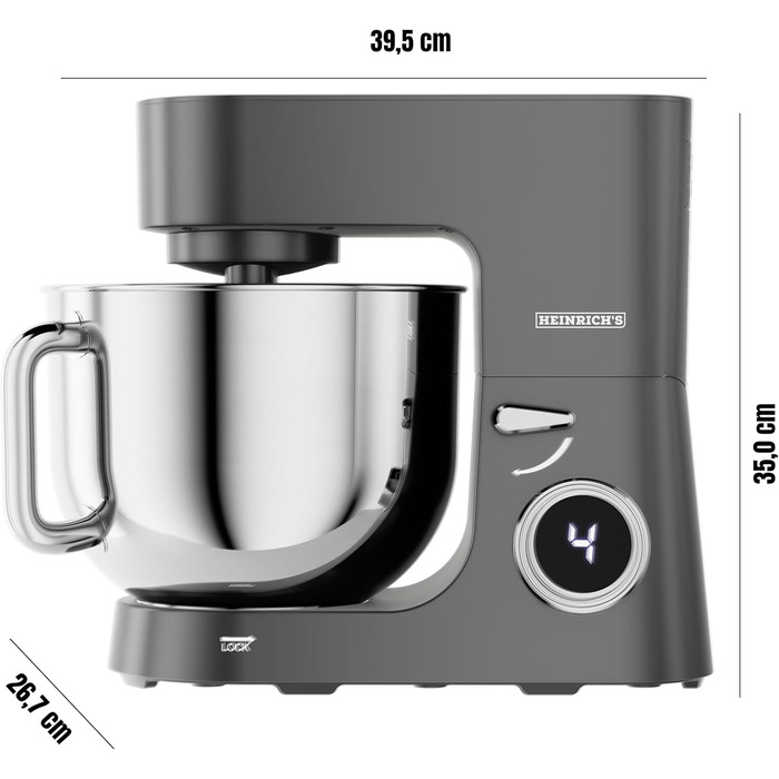 Кухонна машина Heinrichs 2500W з двома гаками для тіста, міксером та насадкою для збивання, 8 швидкостей, чаша 8л з нержавіючої сталі, тиха, з титановим покриттям