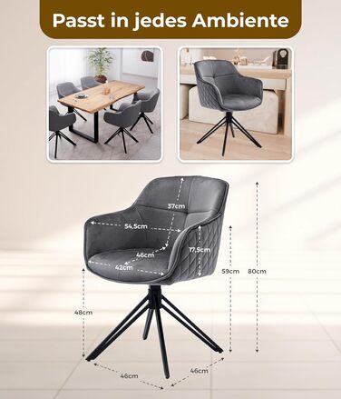 Обідні стільці 2 шт. сірого кольору з пружинним блоком - поворотні, з оксамитовим покриттям - високий рівень комфорту - в ретро-стилі, проста збірка - без ПВХ, сертифіковані Oeko-TEX, з доставкою по Україні