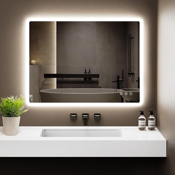 Дзеркало для ванної кімнати GIMBELEN LED з підсвічуванням 80x60 см, прямокутне, сенсорне керування, регулювання яскравості, 3 кольори світла, антизапарник, вертикальна/горизонтальна установка