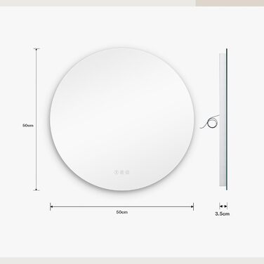 Дзеркало для ванної кімнати Dripex з LED-підсвічуванням, сенсорне керування, регулювання яскравості, 3 кольори світла, антизапар, 80x80 см (кругле, 50x50 см)