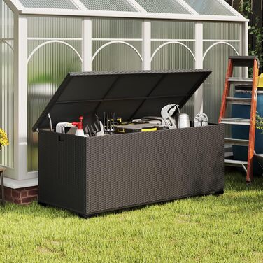 Скриня для подушок садових Polyrattan Amopatio 650л, водонепроникна, з газліфтом, чорна. Ящик для зберігання речей на вулиці для саду, балкону
