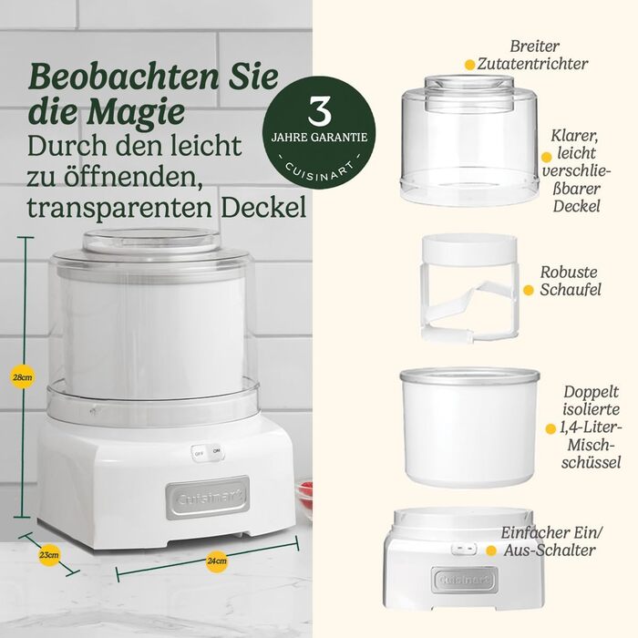 Морожениця CUISINART ICE21 для домашнього морозива, джелато, сорбету, йогурту, 1.4 л, пластик, біла, сімейна