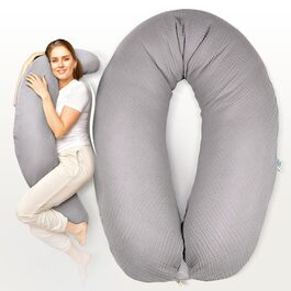 Подушка для вагітних та годування sei Design XXL (190x35 см), ергономічна подушка для сну з чохлом з біо-бавовни муслін, колір тауп