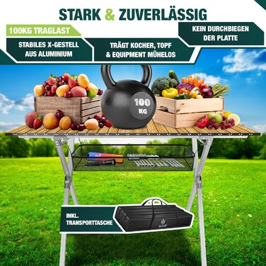 Кемпінговий стіл KESSER® розкладний, з алюмінієвим каркасом, регулювання висоти, 90x53 см, до 100 кг, з сумкою та сітчастою кишенею, (145x70 см, імітація дерева)