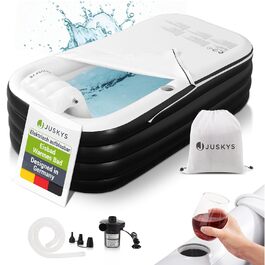Надувна ванна Juskys M - для відпочинку на відкритому повітрі, складана, мобільна, з підголівником, для балкона, чорна, з кришкою та насосом