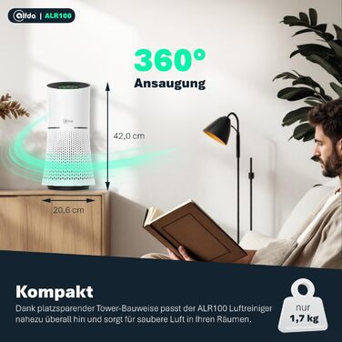 Повітряочищувач HEPA alfda ALR100 з 4-в-1 фільтром, іонізатором, 150 м³/год, до 20 м², тихий режим SLEEP, 28 дБ (A), нічне світло, енергоефективний DC-двигун, таймер, індикатор заміни фільтра