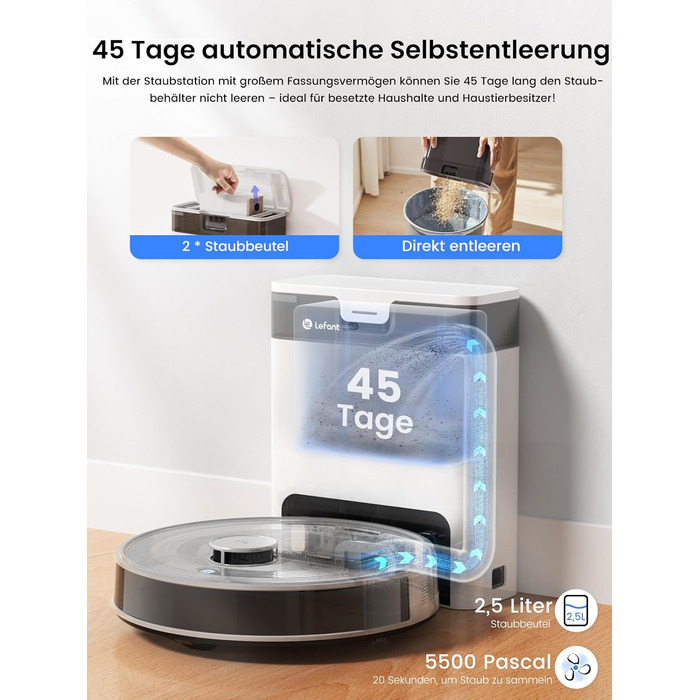 Робот-пилосос LEFANT M2 Plus з картографією, лазерною навігацією, 6000Pa, персоналізованим прибиранням, WiFi/App/Alexa, чорний (M2 Pro Grey)