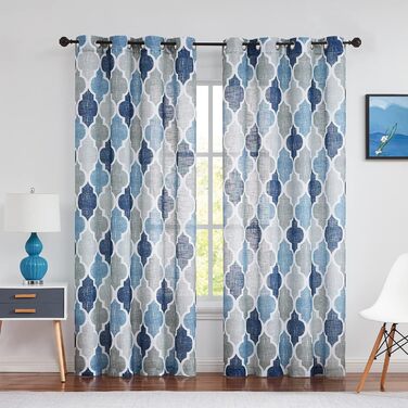 Штори Beauoop Blue Grey Voile, лляний вигляд, ромбоподібний візерунок, комплект з 2 шт. , 127x245см, напівпрозорі