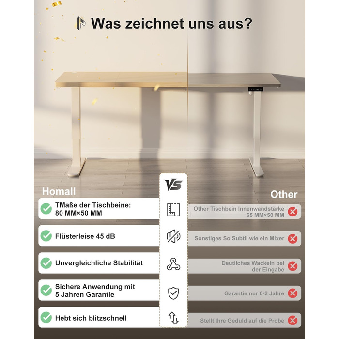 Електричний стіл Homall 120x60 см з регулюванням висоти, з 4-секційною стільницею, пам'яттю, білий + бежевий