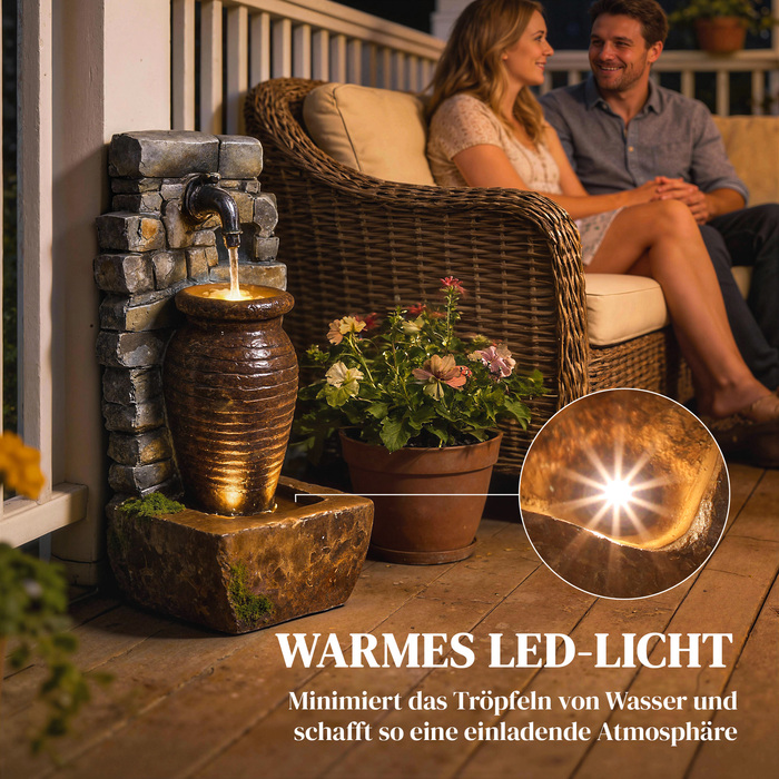 Гарний фонтанчик для саду з регульованою подачею води та 3-рівневою імітацією кам'яної стіни у вигляді глечика.