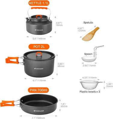 Одоленд 10 шт. Набір туристичного посуду з каструлею, сковородою та чайником для активного відпочинку та подорожей