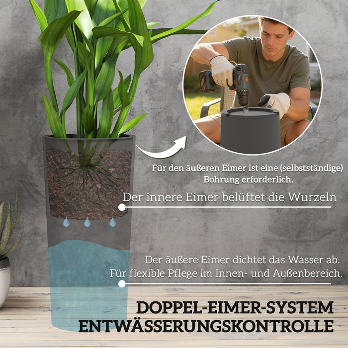 Набір з 2 горщиків для квітів, що складаються в стос, з дренажними отворами, 35x35 см, круглі, темно-сірі