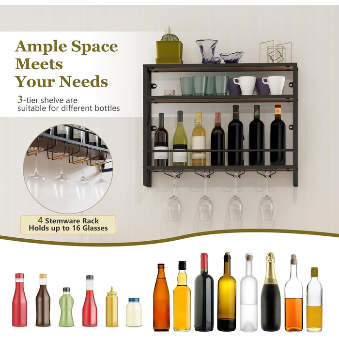 Стильна полиця для вина Komfotteu на стіну, дерев'яна з металевим каркасом, з тримачем для келихів, органайзер для пляшок, бар, кухня, вітальня (80 x 20 x 63 см)