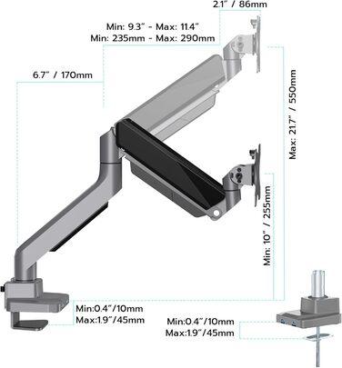 Кріплення для монітора ARES WING з USB A/C, 17'-45', регульована висота, вантажопідйомність 18 кг, VESA 75/100 мм, білий (сірий)