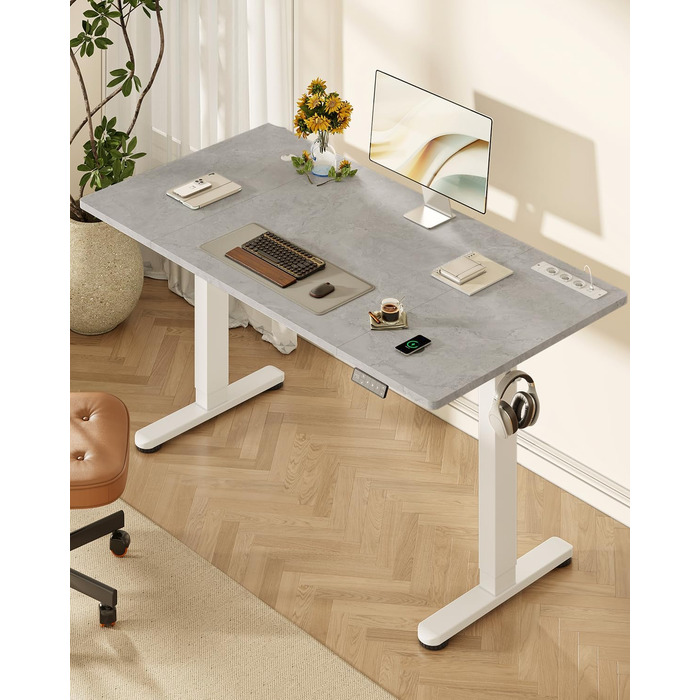DEVOKO Стол для роботи з регулюванням висоти 140 x 70 см з розеткою, бездротовою зарядкою та USB – Електричний стіл для комп'ютера з функцією пам'яті та кабельною організацією – Ідеально для геймінгу та офісу, сірий 140 x 70 см