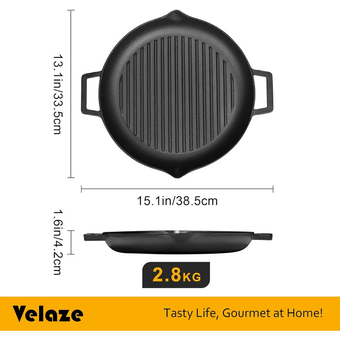 Сковорода-гриль Velaze чавунна 42x34, 5 см, чавунна сковорода-гриль, сковорода з 2 ручками, чавунна сковорода для газового гриля