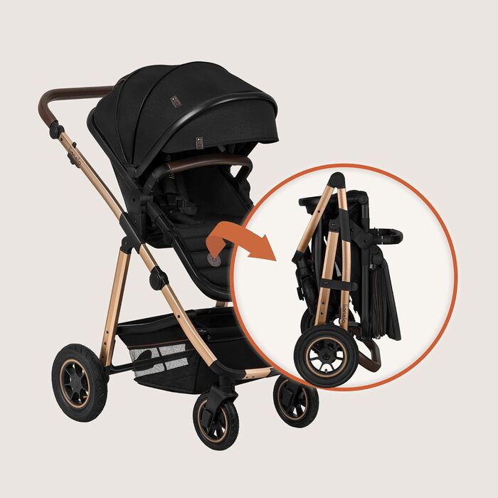 Комплексна коляска Lionelo Amber 3-в-1: люлька, автокрісло i-Size, прогулянкове сидіння, повітряні колеса, XXL капюшон UPF 50+, чорний онікс