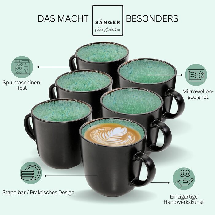 Набір кавових чашок Sänger Fiji на 6 осіб (430 мл), 6 шт., кераміка, темно-зелений, для кави та чаю, миючі в посудомийній машині, для мікрохвильової печі