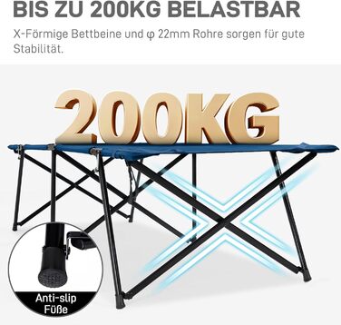 Розкладне польове ліжко EVER ADVANCED XXL для кемпінгу, 200 кг, 214x79x50 см, з бічною кишенею, міцне та портативне для кемпінгу, подорожей, саду, використання на вулиці та в приміщенні