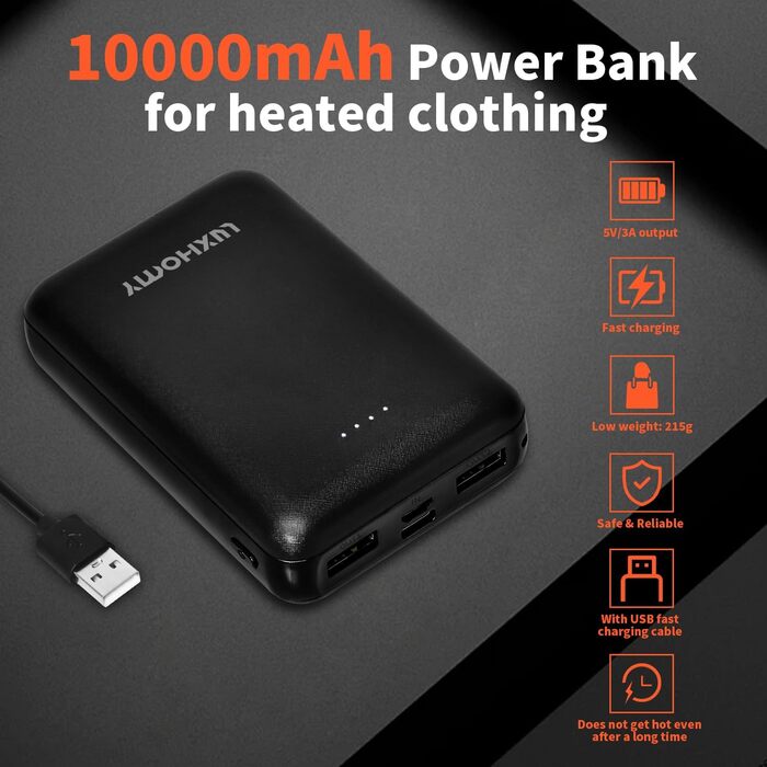 Павербанк LUXHOMY 10000mAh для жилета/куртки з підігрівом, USB-C та мікровходи, 2 USB-виходи, одяг 5V