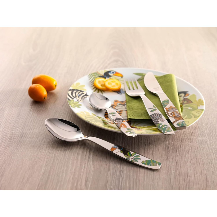Набір дитячого посуду ZWILLING Jungle Kinderbesteck, 4 шт., з кольоровими джунглівськими мотивами, для дітей від 3 років, нержавіюча сталь 18/10