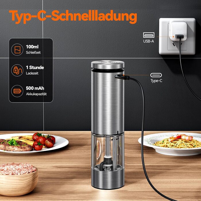 Електричні воксайон (VOXON) набори для солі та перцю (2 шт.) з USB-зарядкою, велика ємність, регулювання помелу, керамічний млин, LED-підсвітка, для барбекю, ресторану, кухні, сріблясті