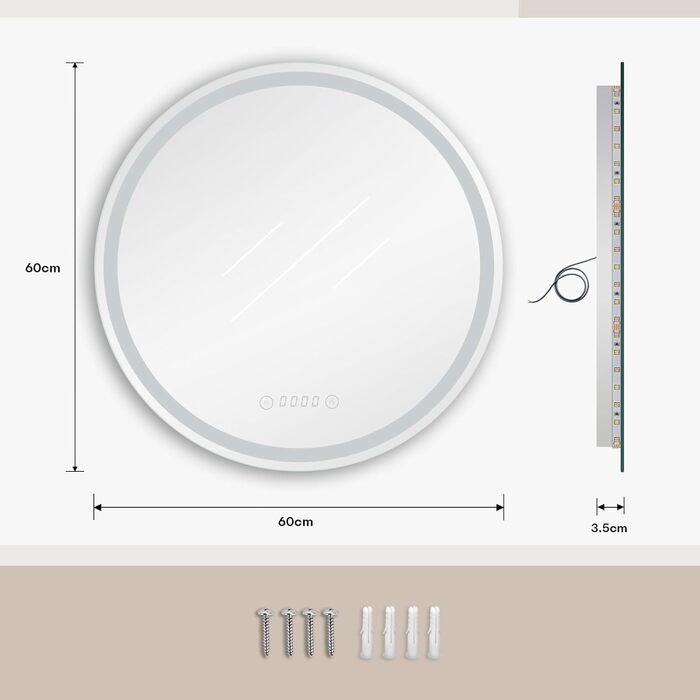 Дзеркало для ванної кімнати Dripex круглої форми з підсвічуванням LED, сенсорне керування, регулювання яскравості, 3 кольори світла, запобігання запотіванню, 50x50 см