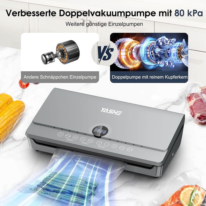 Вакууматор для продуктів 10-в-1 з магнітною кришкою, 80кПа, подвійним швом та подвійним насосом, з відсіком для рулонів та шлангом