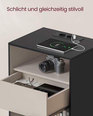 VASAGLE тумбочка з USB зарядкою, безінструментальна збірка, спальня, з шухлядою, чорна-капучино LET777B04