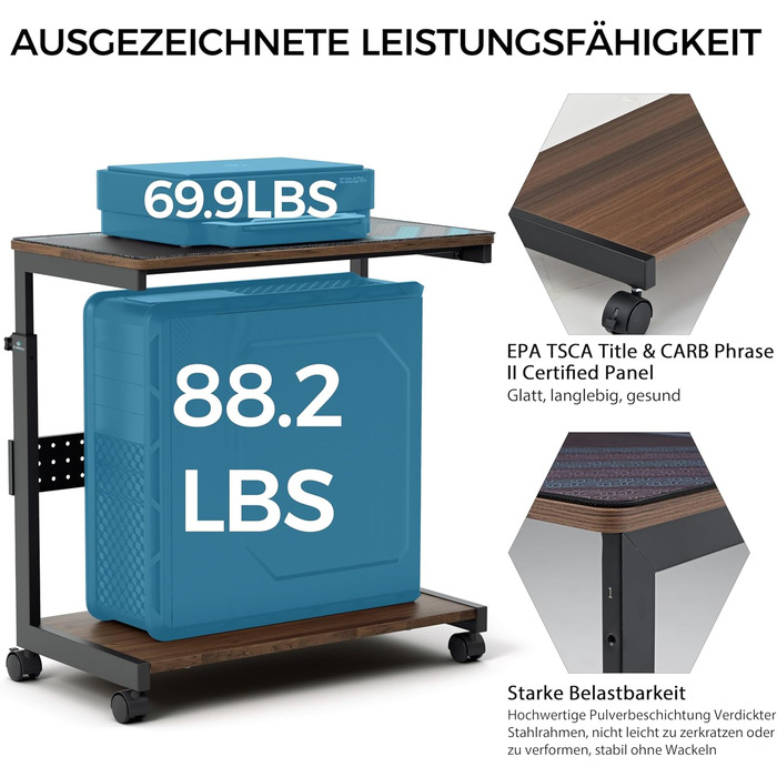 Підставка для комп'ютера EUREKA ERGONOMIC, регульована по висоті, ATX, для CPU, під стіл, з роликами та підкладкою під мишу (волоський горіх)