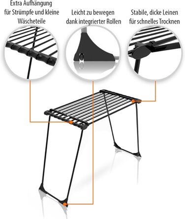 Розсувна сушарка для білизни BigDean Jumbo чорна, довжина стрічок 28м, посилені льон-троси