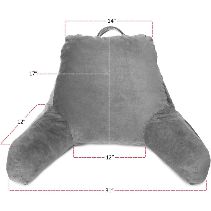 Подушка для читання Clara Clark з підлокітниками для дітей та дорослих – преміум подушка з піною з пам'яті для перегляду телевізора та сидіння в ліжку – сіра, середнього розміру