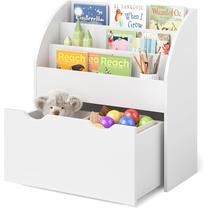 Дитяча полиця Bellabino Koro, місце для зберігання іграшок, дитяча книжкова шафа з 3 відділеннями для книг і 2 відділеннями для ящиків (в т.ч. ) (Без відкидних коробок, білий з шухлядою)