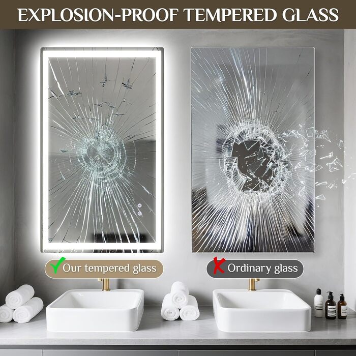 Дзеркало для ванної кімнати з підсвічуванням 80x60 см, LED дзеркало з 3 кольорами світла, регулюванням яскравості, захисне скло, сенсорне управління, функція пам'яті, запобігання запотіванню, для ванної кімнати