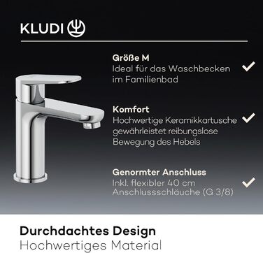 Змішувач для ванної кімнати KLUDI-X1, висота виливу 95 мм, водозберігаючий, розмір M, керамічний картридж, хром, з підключувальними шлангами