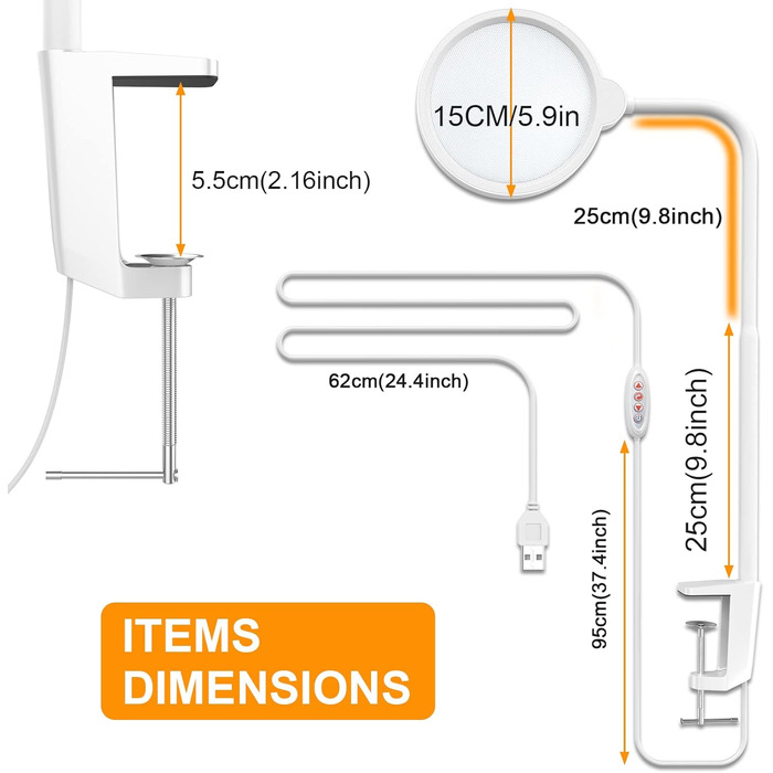 Затискна, настільна лампа з регулюванням яскравості 8 кольорових режимів, лампа денного світла настільна офісна, лампа для монітора, офісна лампа для дому, студії, 12 Вт, 1400 лм (біла)