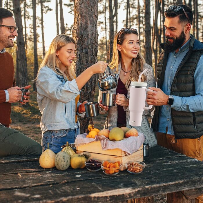 Термокружка-пляшка 1200 мл з трубочкою та антиковзним ручним захопленням, витіканнями запобігає, BPA Free, подвійні стінки, ізоляція для авто, офісу, відпочинку (пастельно-рожевий) біло-рожевий