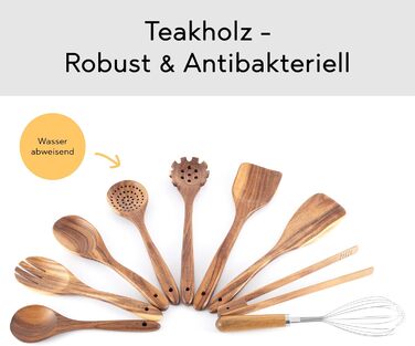 Набір кухонних помічників з дерева (9 предметів): щипці для гриля, вінчик, лопатка, ложка, шумовка. Матеріал: теак.