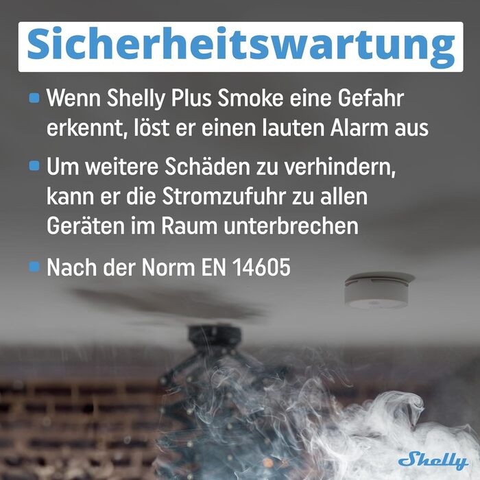 Датчик диму Shelly Plus Smoke - бездротовий, з фотоелектричним сенсором, EN 14604, 5 років роботи від батареї, LED-індикація, сумісність з Alexa та Google Assistant, без хабу