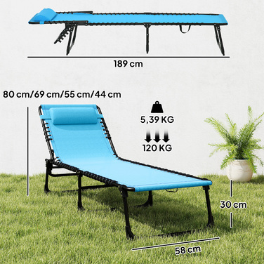 Шезлонг, розкладний, з дихаючою оббивкою, металевий каркас, 189 x 58 x 30 см, блакитний