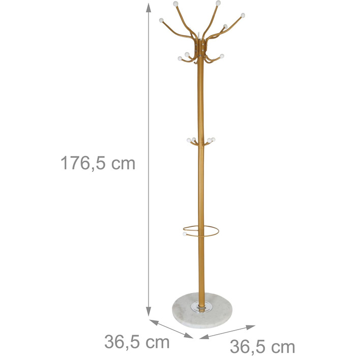 Стійка для одягу Relaxdays з підставкою для парасольки, 16 гачків, 176,5 x 36,5 см, мармурова основа, золота/біла