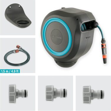 Шланг садовий Gardena RollUp M (бірюзовий) 20м: гнучкий, з поворотним барабаном, з кріпленням для стіни, з розпилювачем та 20м шлангу