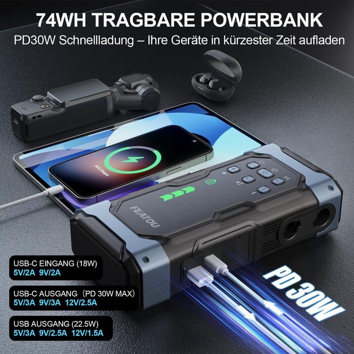 Powerbank з компресором Starthilfe 6500A: акумулятор для автомобіля 12V з повітряним насосом, стартер-бустер (9.0L бензин/8.5L дизель), LED 500 Lumen (чорний), піковий струм 7000A