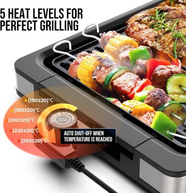 Електричний гриль FIMEI для столу 1800W з антипригарним покриттям, регулюванням температури, для балкону, дому та вулиці, з піддоном для збору жиру (можна мити в посудомийній машині)