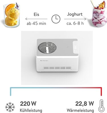 Морозивниця та йогуртниця SPRINGLANE Elisa 2,0 л з самостійним охолодженням, компресор 220 Вт, нержавіюча сталь, функції охолодження та нагріву, рецептник, 4 контейнери для морозива 400 мл, срібляста, м'ята