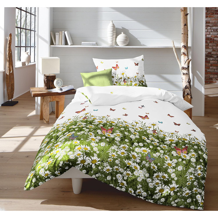 Постільна білизна fleuresse Mako Satin, білий/зелений, 135 x 200 см (155 см x 220 см, Mako satin)