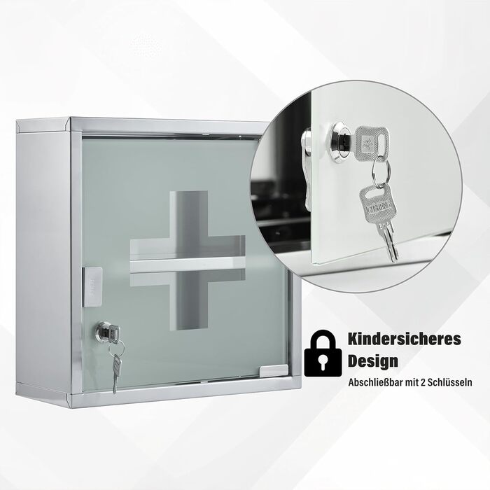 Медичний шафчик Zedelmaier з нержавіючої сталі, 4 відділення, для зберігання ліків, аптечний шафчик, для ванної кімнати, підвісний, з замком, 57 x 27 x 12 см, білий/сріблястий