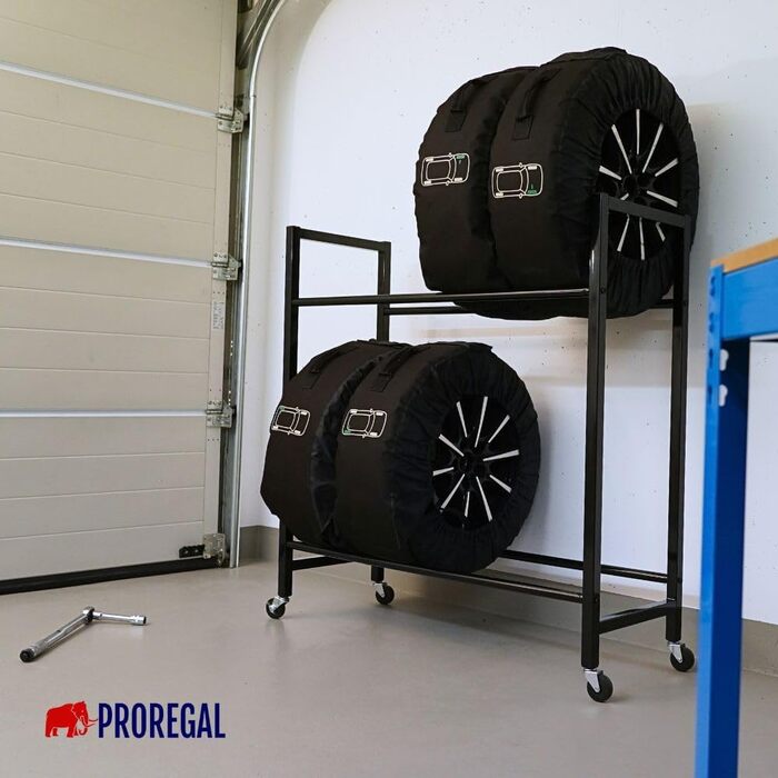 Стелаж для шин PROREGAL CARRERO 104x55x40 см - 8 шин на 2 рівнях, чорний, для гаража, майстерні, складу